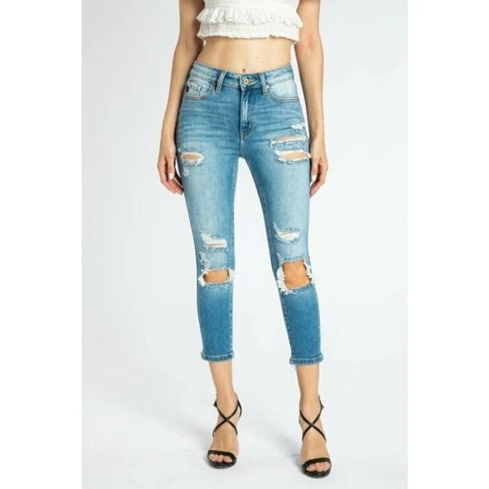 Kancan Cropped Jeans Size 24 1 Womens Ripped Destroyed High Rise Raw Hem Denim